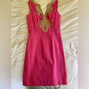 Lilly Pulitzer Hot Pink Shift Dress | Gold Embroidered Trim | Size 0